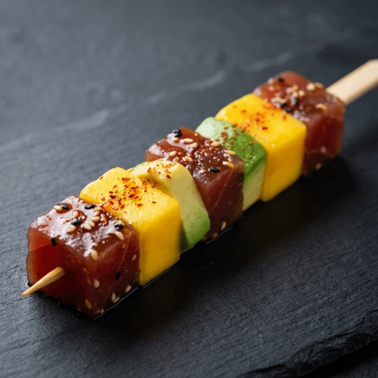 Brochette de thon frais mariné au soja, graines de sésame, mangue au piment d'Espelette et avocat