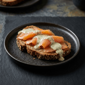 Pain nordique garni de saumon fumé maison et sa crème d'aneth