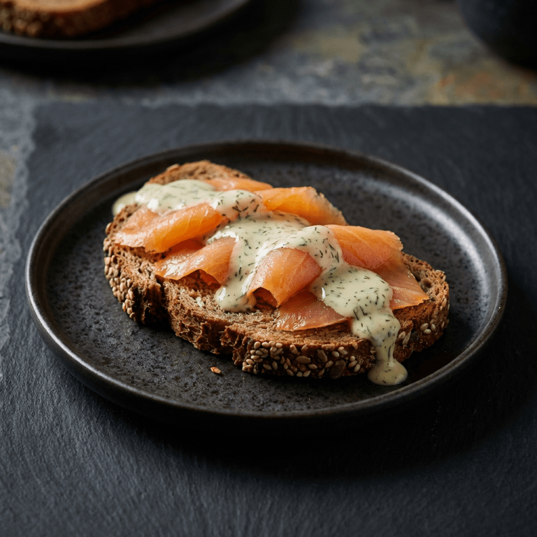 Pain nordique garni de saumon fumé maison et sa crème d'aneth