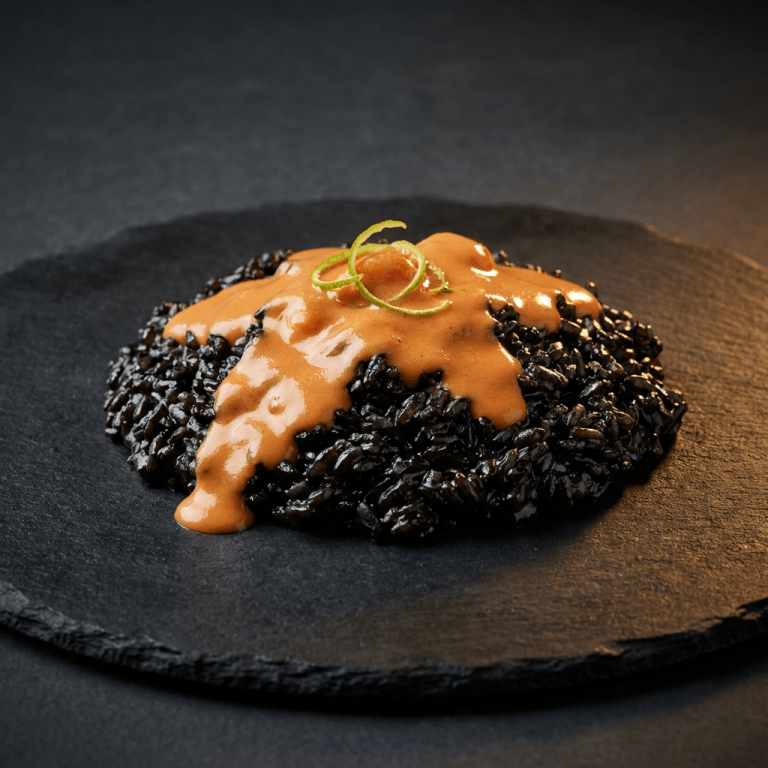 Riz moelleux à l'encre de seiche, crémeux homardine langoustine au citron vert