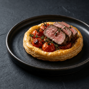 Sablé croustillant au thym, concassé de tomate aillé et sa chiffonnade de filet mignon fumé maison