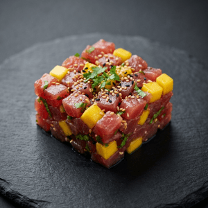 Tartare de thon aux saveurs exotiques : mangue, sésame, coriandre