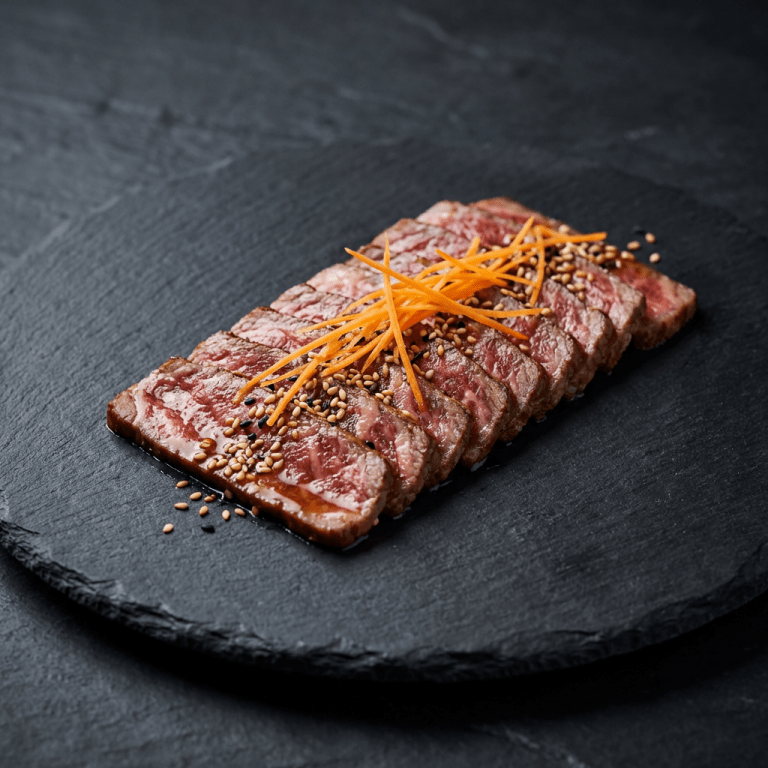 Tataki de bœuf mariné au soja, graines de sésame, julienne de carotte