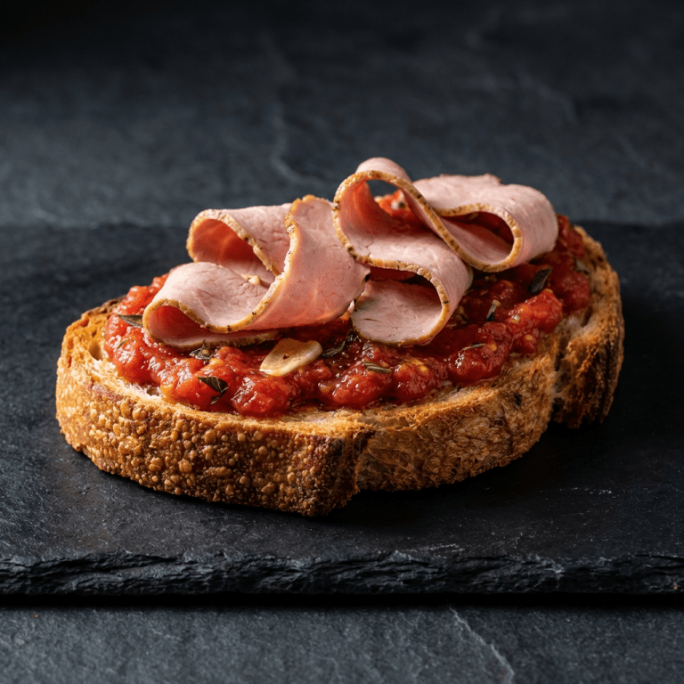 Toast croustillant, concassé de tomate aillé et sa chiffonnade de filet mignon fumé maison