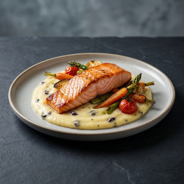 Pavé de saumon, polenta moelleuse aux olives, légumes rôtis