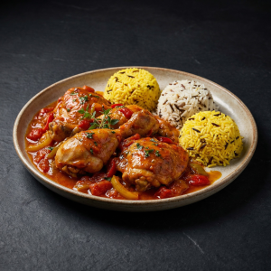 Poulet basquaise, riz aux 3 couleurs
