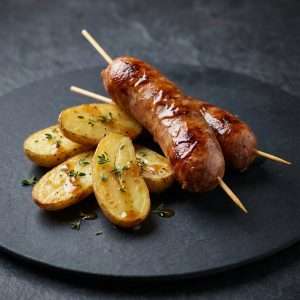 Brochette de Diot fumé et pommes de terre Ratte rôties