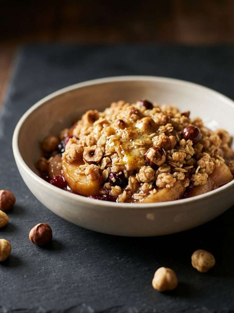 Crumble de fruits de saison aux noisettes torréfiées