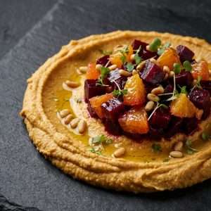 Houmous de pois chiche, tartare de betterave à l'orange