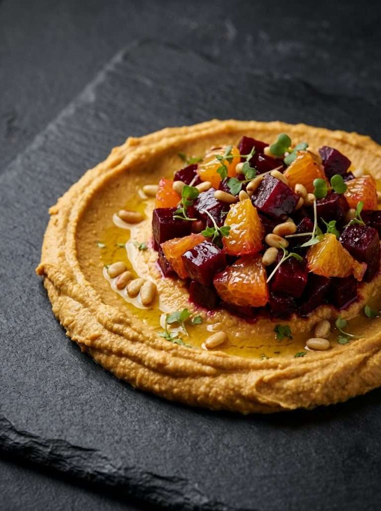 Houmous de pois chiche, tartare de betterave à l'orange