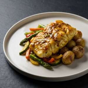 Lotte au curry, poêlée de légumes, pommes de terre