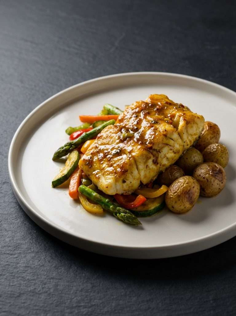 Lotte au curry, poêlée de légumes, pommes de terre