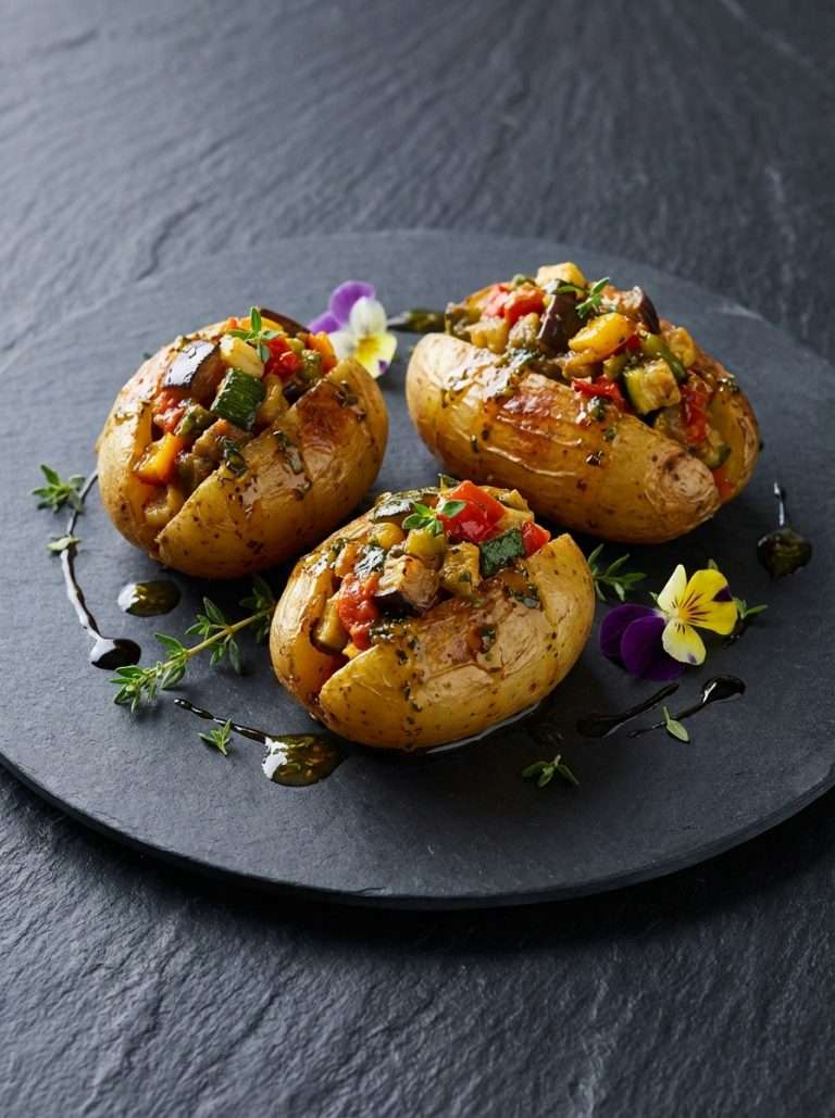 Pomme de terre grenaille farcie au concassé de légumes estivaux
