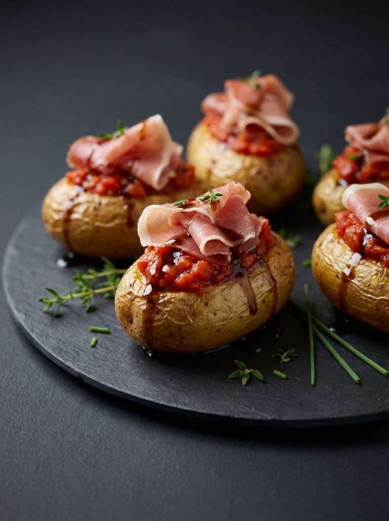 Pomme de terre grenaille farcie de concassé de tomate et chiffonnade de jambon cru