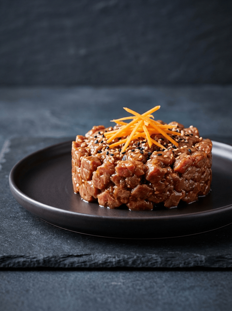 Tartare de bœuf mariné au soja, graines de sésame, julienne de carotte